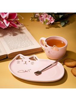 Gibox - Feline Pink Ceramic Cup Set With Saucer Cup & Spoon For Cat Lovers & Precious Gift