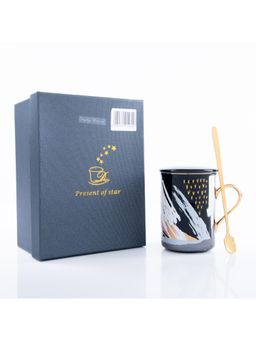Gibox - Printed Coffee Mug With Lid Black Ceramic Mug and Spoon For Tea Coffee Milk For Gifting