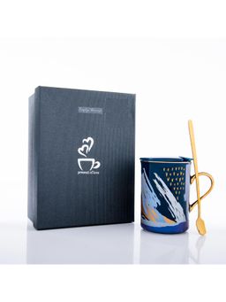Gibox - Printed Coffee Mug With Lid Blue Ceramic Mug and Spoon For Tea Coffee Milk For Gifting