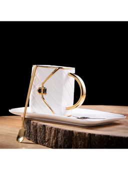 Gibox - Subtle Brew White Ceramic Purse Design Gold Rim Cup & Saucer Set For Girls & Precious Gift