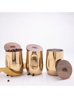 Gibox - Golden Luxe Double Wall Insulated Tumbler With Wooden Lid Drinkware (Pack of 3)