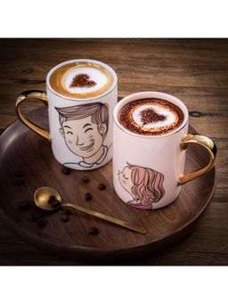 Gibox - Girl & Boy Print Premium Ceramic Mug, Gold Plated Handle (Pack of 2)
