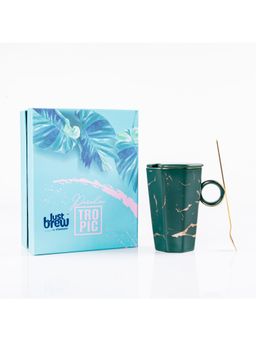 Gibox - Marble Designed Mug Green Ceramic Coffee Cup, Tumbler Lid & Stirrer For Use and Gifting