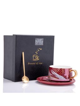 Gibox - Premium Ceramic Red Tea Cup Spoon Saucer With Gold Coated Stirrer Precious Gifting