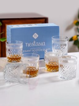 Nestasia - Transparent Diamond Embossed Scotch Glass 350Ml (Pack of 6)