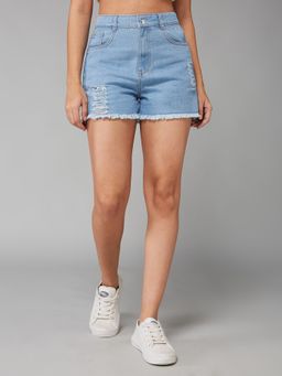 DOLCE CRUDO - Women's Light Blue High Rise Stretchable Denim Shorts