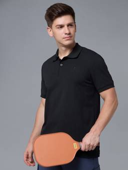 Technosport - Black Men's Solid Regular Fit Elasto Plus Sports Polo T-Shirt
