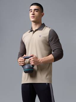 Technosport - Beige Men's Colorblock Slim Fit Technocool+ Sports Polo T-Shirt