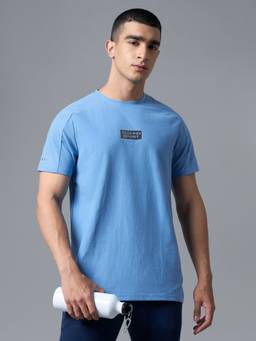 Technosport - Blue Men Typography Printed Slim Fit Round Neck Cotflex Sports T-Shirt