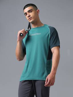 Technosport - Teal Men Round Neck Colorblock Slim Fit Technocool+ Sports T-Shirt