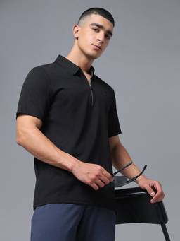 Technosport - Black Men's Textured Regular Fit Cloudflex Sports Polo T-Shirt