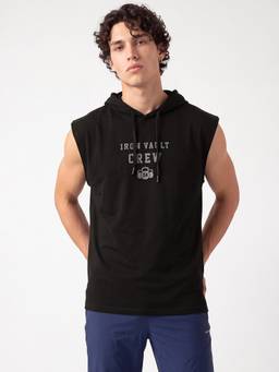 max - Black Men Printed Hooded Sports Tank T-Shirt