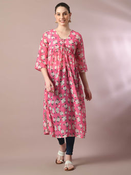 MYSHKA - Pink Printed Georgette A-Line Nyra-Cut Kurta