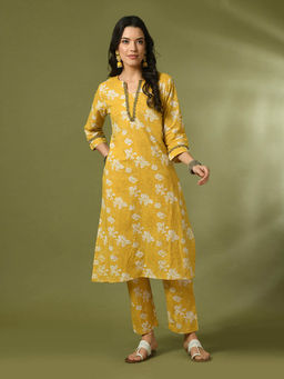 MYSHKA - Yellow Printed Cotton Straight Kurta with Pant (Set of 2)