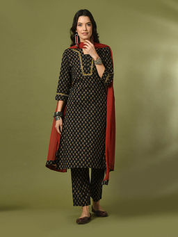 MYSHKA - Black Printed Cotton Straight Kurta Pant with Dupatta (Set of 3)