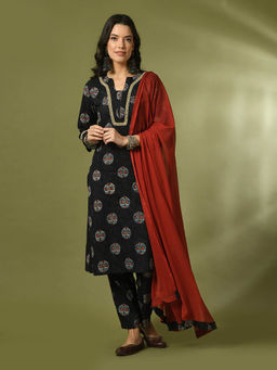 MYSHKA - Black Printed Cotton Straight Kurta Pant with Dupatta (Set of 3)