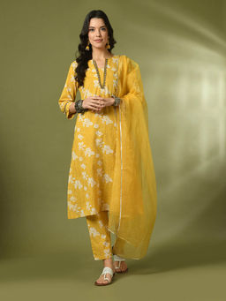 MYSHKA - Yellow Printed Cotton Straight Kurta Pant with Dupatta (Set of 3)
