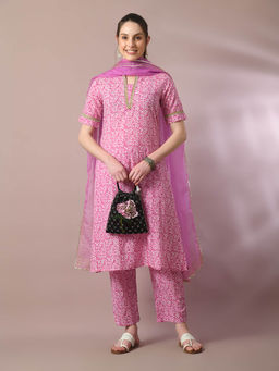 MYSHKA - Pink Printed Cotton Straight Kurta Pant with Dupatta (Set of 3)