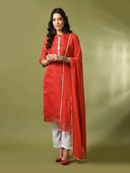 MYSHKA - Red Gota Straight Kurta Pant with Dupatta (Set of 3)