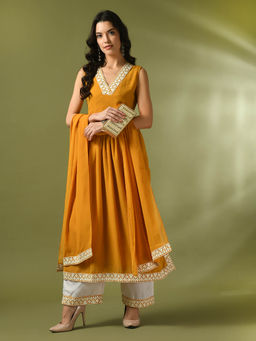 MYSHKA - Yellow Solid Georgette Nyra-Cut Kurta Pant with Dupatta (Set of 3)