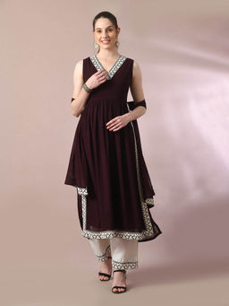 MYSHKA - Coffee Brown Solid Georgette Nyra-Cut Kurta Pant with Dupatta (Set of 3)
