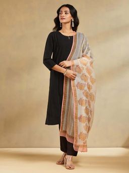 Fabindia - White Cotton Silk Hand Block Printed Dupatta