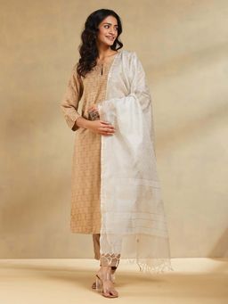 Fabindia - White Silk Blend Hand Block Printed Dupatta