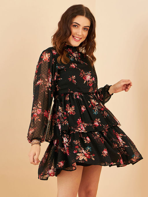 knee length dresses for ladies Marley Floral Eyelet Mini Dress Pink-Green-Multi / XL by Sugarlips main image 1
