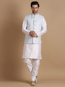 Uri and MacKenzie - Men Blue Silk Kurta and Pyjama with Nehru Jacket