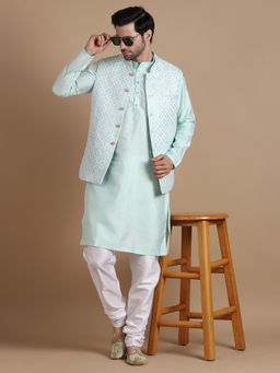 Uri and MacKenzie - Men Green Silk Kurta and Pyjama with Nehru Jacket