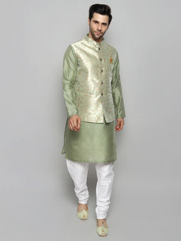 Uri and MacKenzie - Men Green Silk Kurta and Pyjama with Nehru Jacket