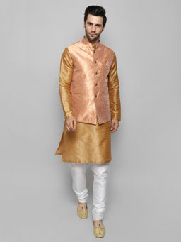 Uri and MacKenzie - Men Khaki Silk Kurta and Pyjama with Nehru Jacket