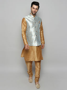 Uri and MacKenzie - Men Blue Silk Kurta and Pyjama with Nehru Jacket
