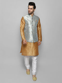 Uri and MacKenzie - Men Khaki Silk Kurta and Pyjama with Nehru Jacket