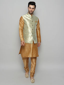 Uri and MacKenzie - Men Khaki Silk Kurta and Pyjama with Nehru Jacket