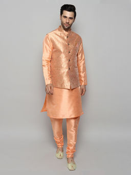 Uri and MacKenzie - Men Peach Silk Kurta and Pyjama with Nehru Jacket