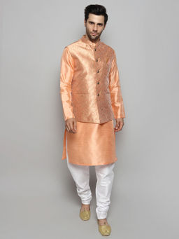 Uri and MacKenzie - Men Peach Silk Kurta and Pyjama with Nehru Jacket