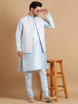 Uri and MacKenzie - Men Blue Silk Kurta and Pyjama with Nehru Jacket