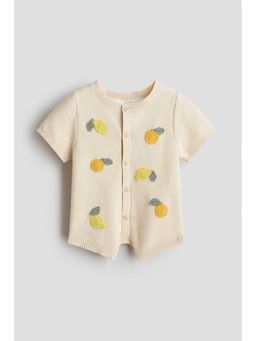 H&M - Boys Beige Embroidery-Detail Cotton Romper Suit