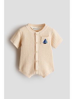 H&M - Boys Beige Embroidery-Detail Cotton Romper Suit