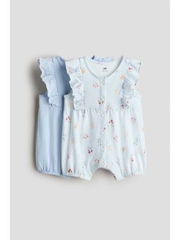 H&M - Girls Blue 2-Pack Frill-Detail Romper Suits