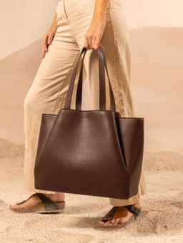 ZAMANA - Women Brown Leather Solid Tote Bag