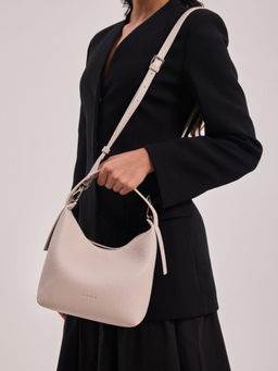 ZAMANA - Women Cream Leather Textured Sling Bag with Detachable Strap