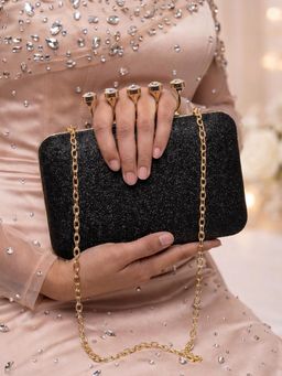 ARTKLIM - Black Stylish Midnight Luxe Glitter Embroidery Clutch Bag with Detachable Strap