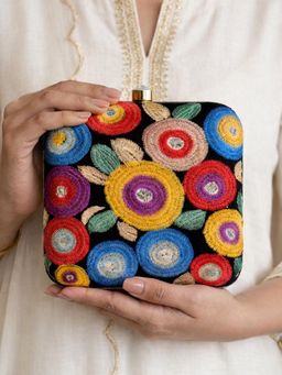 ARTKLIM - Vibrant Bloom Multicolour Embroidery Clutch Bag with Detachable Strap