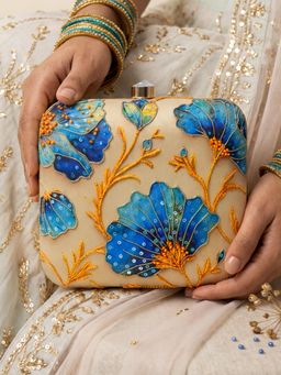 ARTKLIM - Printed Blue Floral Beaded with Hand Embroidery Clutch Bag with Detachable Strap