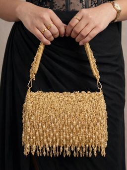 ARTKLIM - Golden Beaded Fringe Handbag with Detachable Strap
