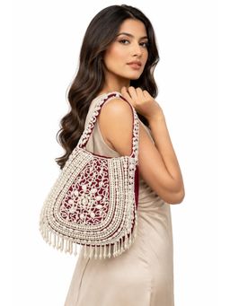 Fabbhue - Women Maroon Velvet Embellished Handbag