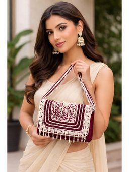 Fabbhue - Women Maroon Velvet Embellished Handbag