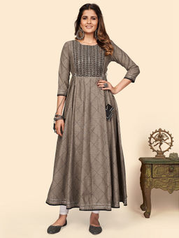 Vbuyz - Womens Embroidered Anarkali Cotton Bland Brown Stitched Kurta
